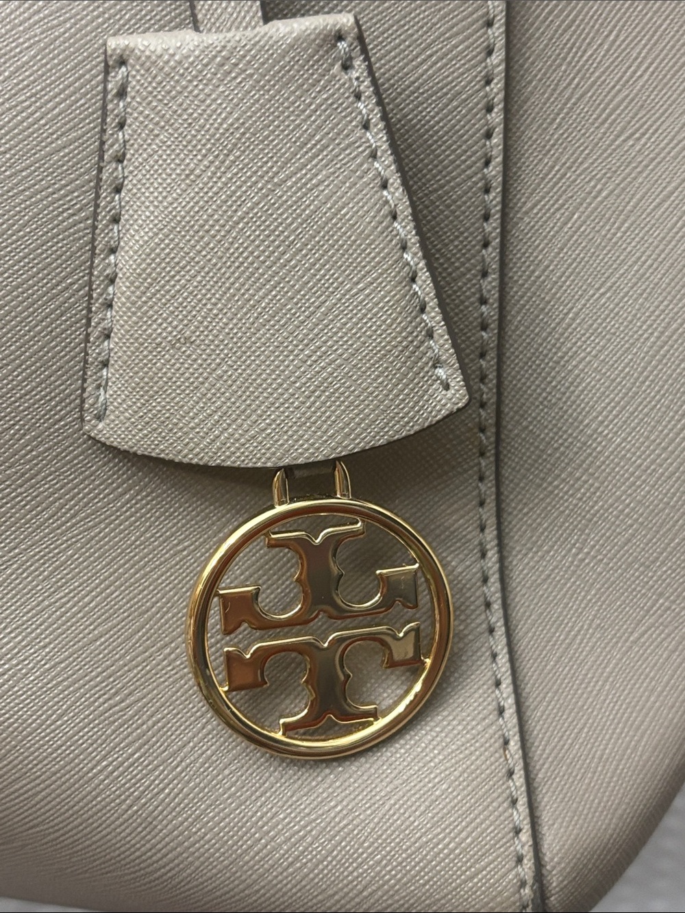 Tory Burch Taupe Saffiano Tote with Gold Logo Charm - Picture 4 of 16
